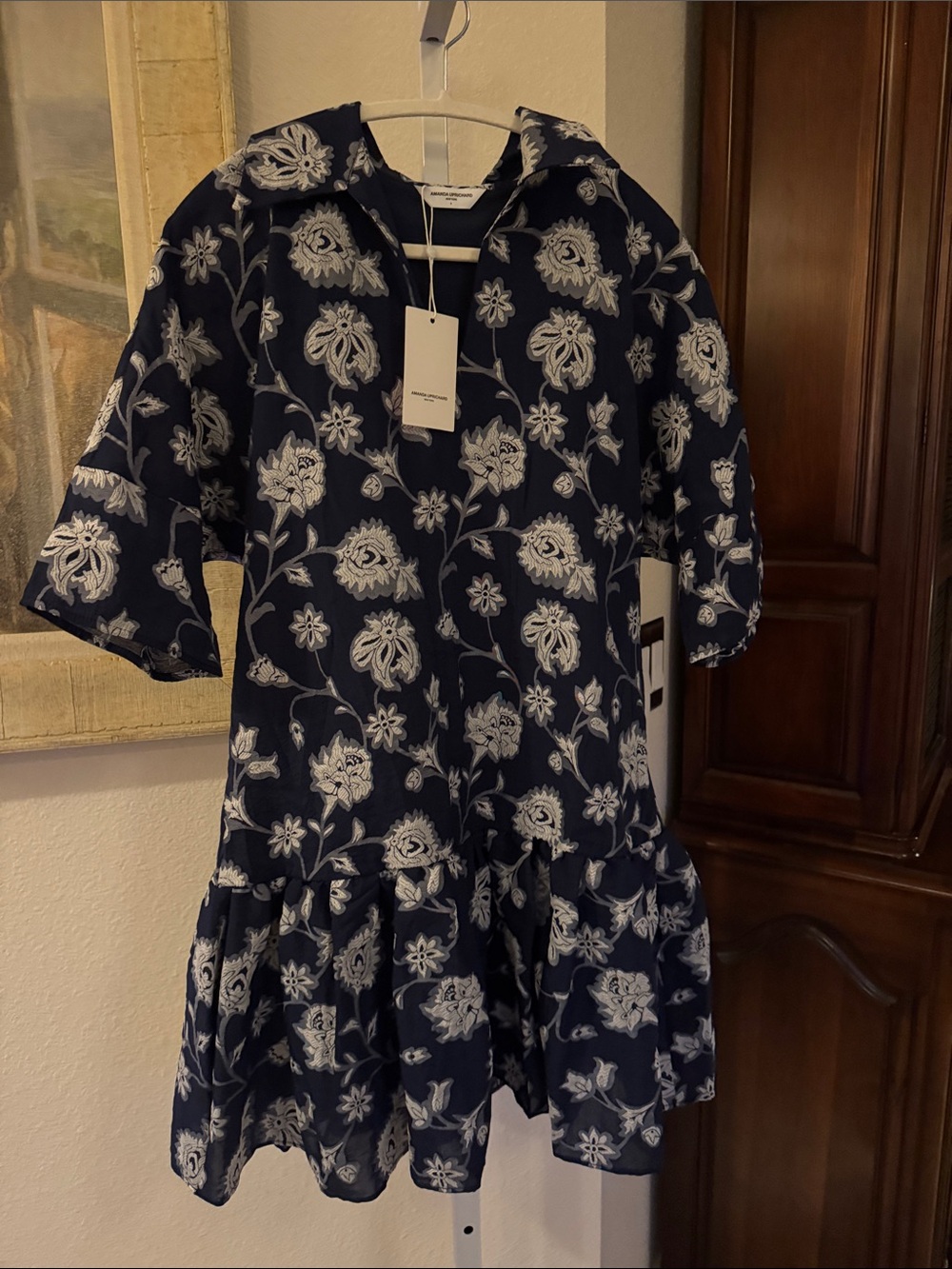 Amanda Uprichard dress navy blue with an all-over white embroider NWT Size Small